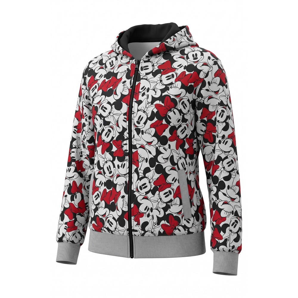 Disney Store Mickey Minnie Mouse All Over Print Zip Up Hoodie Gray Red Mens M